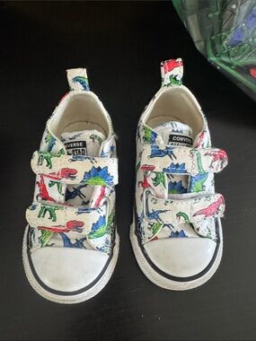 Converse Kids White Canvas Sneakers with Red, Green & Blue Dinosaur Print